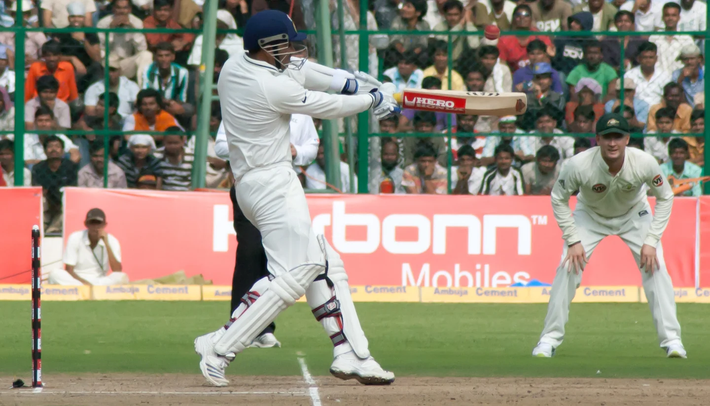 Virender Sehwag playing a hook shot during the 2010-11 Border-Gavaskar Trophy
