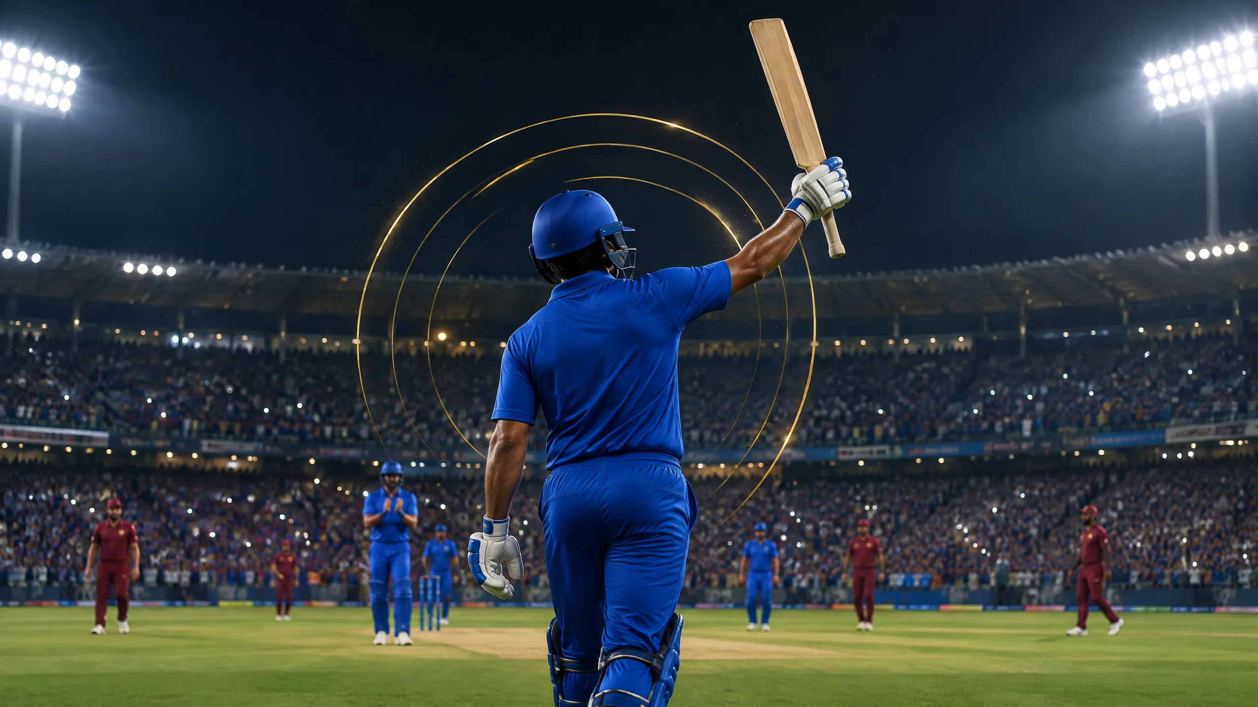 Original editorial illustration of a non-identifiable batter in a plain blue kit raising his bat in a night stadium, with abstract gold milestone rings and no logos